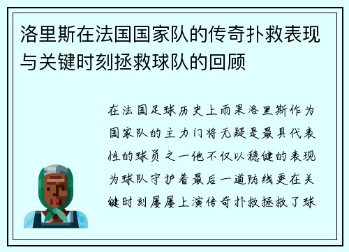 洛里斯在法国国家队的传奇扑救表现与关键时刻拯救球队的回顾