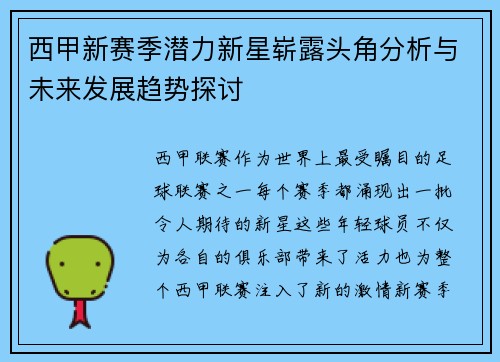 西甲新赛季潜力新星崭露头角分析与未来发展趋势探讨